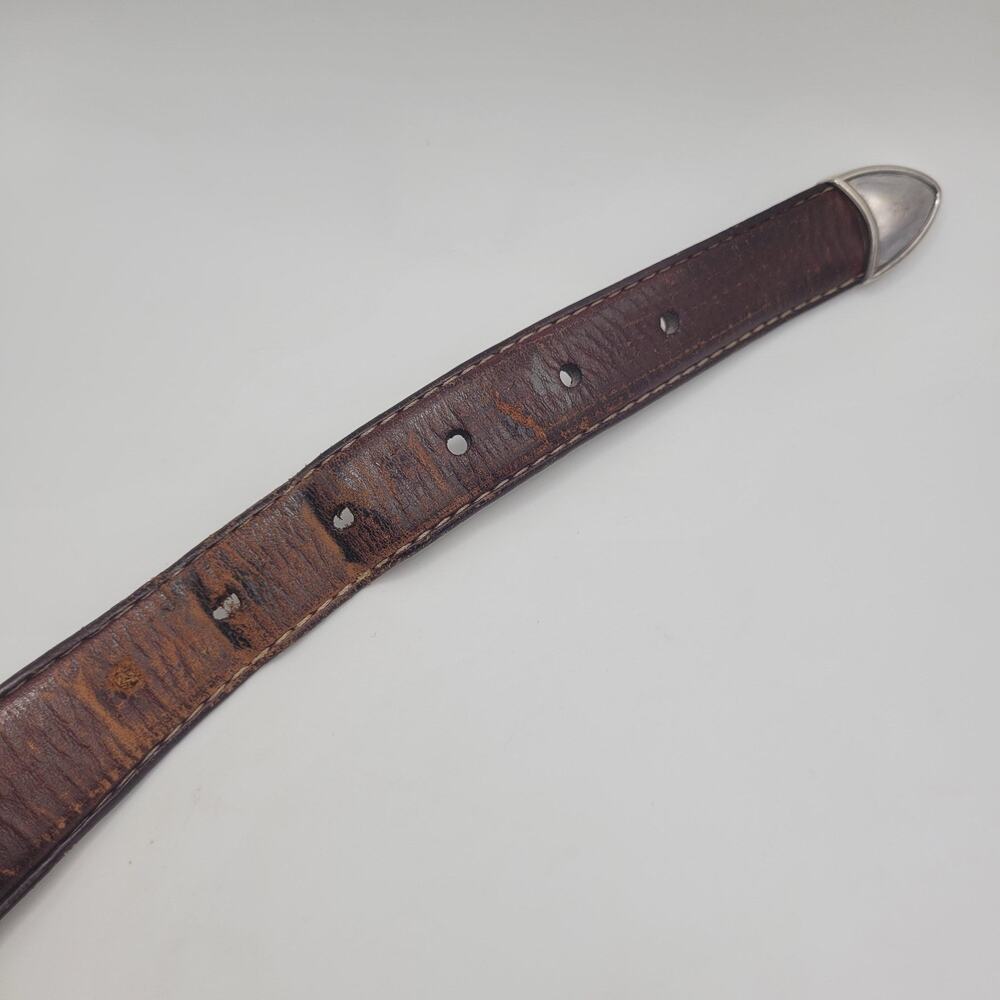 Fossil Belt 38 Brown Italian Leather Western Concho Silver Buckle Cowboy Rodeo - Picture 3 of 8